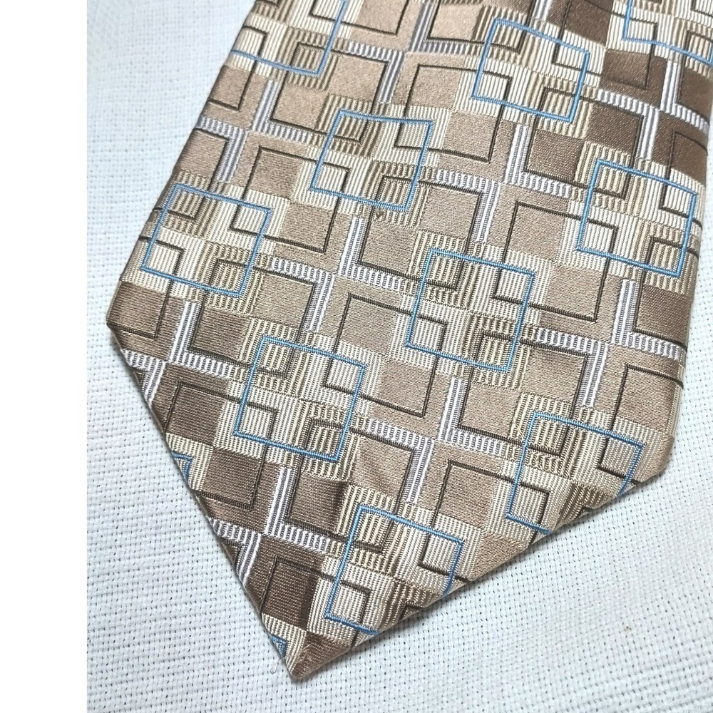 Murano Extra Long Mens Silk Tie Geometric Pattern Brown Blue Silver
